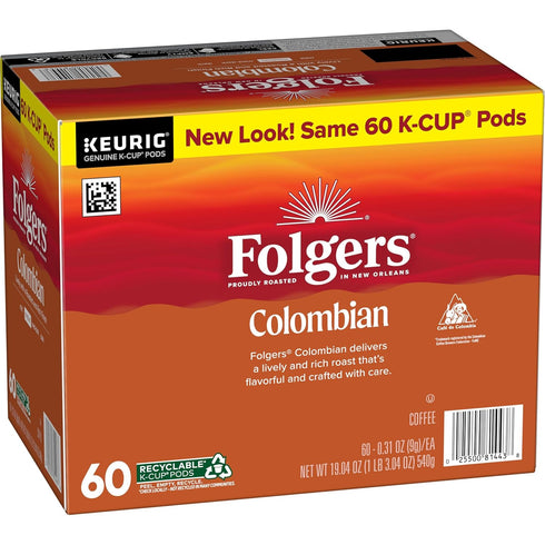 10 Count (Pack 6) Folgers Colombian Coffee, Medium Roast, Keurig K-Cup Pods, Box