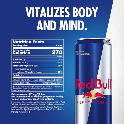 189mg 20 Oz, Pack 12 Red Bull Energy Drink with Caffeine plus Taurine & B Vitamins, Fl of Cans