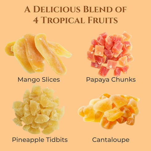 3 Lbs Tropical Fruit Mix, Natural Mango Slices, Papaya Chunks, Pineapple Tidbits & Cantaloupe in Resealable Bag
