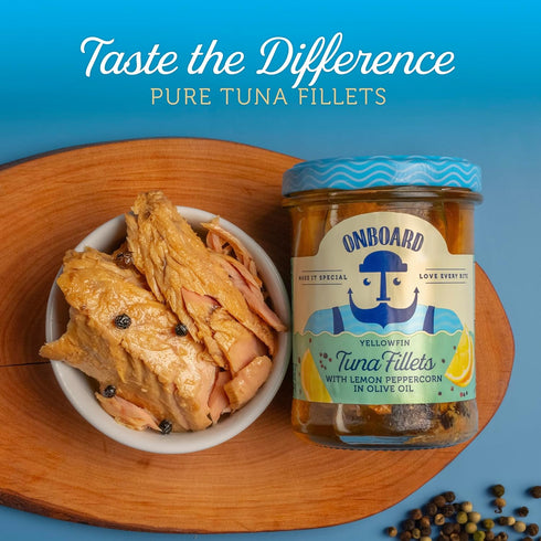 Packed (6 Packs, ONBOARD Yellowfin Tuna Fillets, Mediterranean Seafood Diet | Pescatarian Jarred Atun, Fresh Sea Tuna
