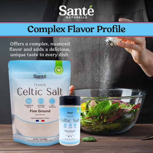 8oz 1.1lb (18oz) Sante Naturelle Celtic Salt Organic Fine Ground Bundle Shaker & Bag Unrefined Organic French Mineral