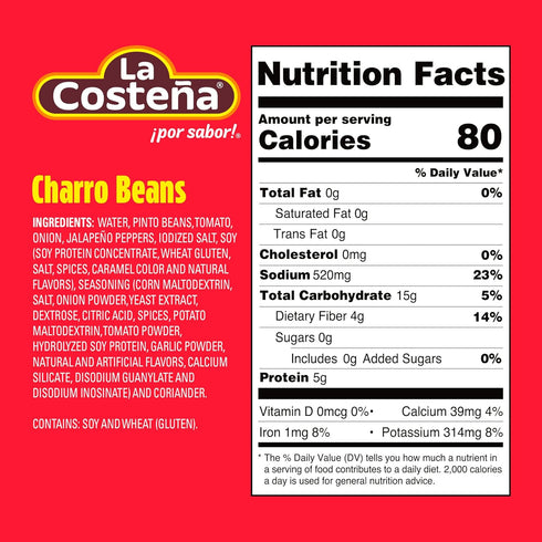 19.75oz, 6 Pack La Costea Charro Beans - Ready-to-Eat Canned Pinto Beans with Chorizo, Bacon & Chicharrones - Mexican