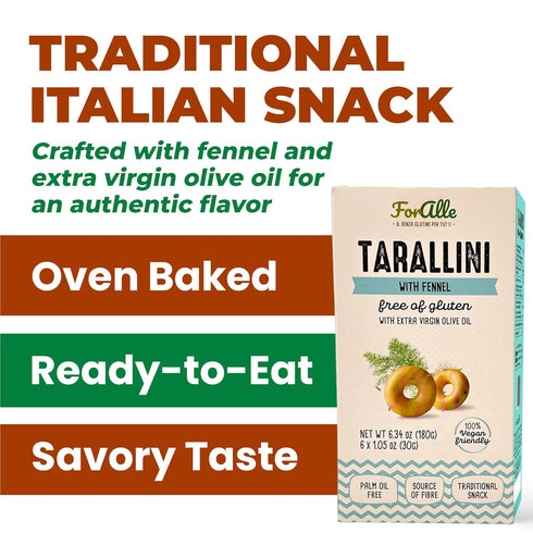 For Alle 6x1.05 oz (6.34 oz) (Pack 4) Gluten-Free Tarallini with Fennel and Extra Virgin Olive Oil, Traditional Italian