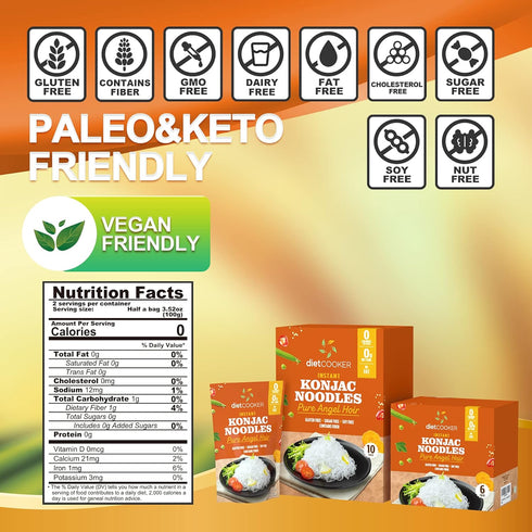 9.52 oz, (6 Packs) Shirataki Noodle, DIET COOKER Premium Konjac Noodle, Keto & Vegan Friendly, Odor Free, Low Calorie