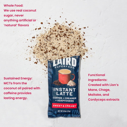 15pk Laird Superfood Instant Latte Sweet & Creamy, Non-Dairy, Superfood Creamer, Gluten Free, Non-GMO, Vegan, Sachets