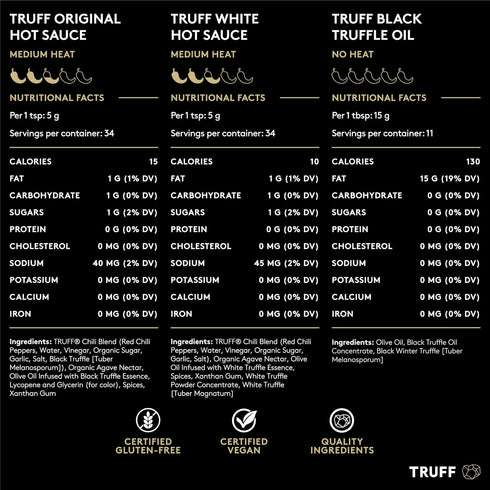 Pack Set (6 oz), (6 oz), (5.6 oz), 3-Bottle TRUFF Sampler - Gourmet Hot Sauce of Original White Truffle Edition