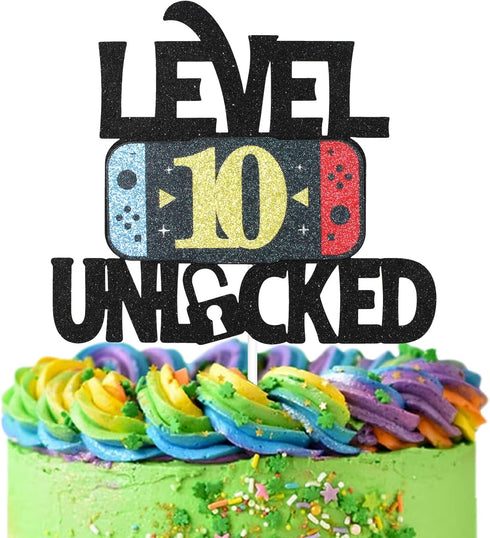 Level 10 Unlocked Game Birthday Cake Topper, Video Game Boy's 10th Birthday Party Supplies, Gaming Level Up Decoration