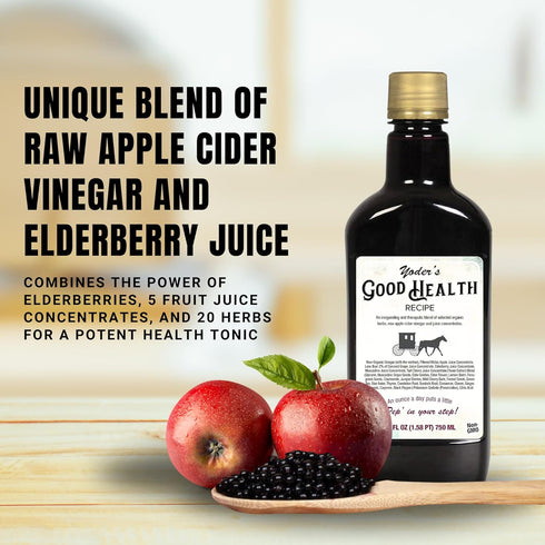 12.5 oz, Yoders Good Health Recipe Apple Cider Vinegar Liquid Complex, Amish Harvest Herbal Tonic with Elderberry