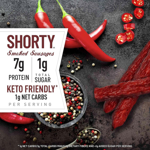 7g 5 oz. (Pack 8) Duke's Pork Hot & Spicy Smoked Shorty Sausages, Protein Per Serving, Easter Basket Stuffer for Men