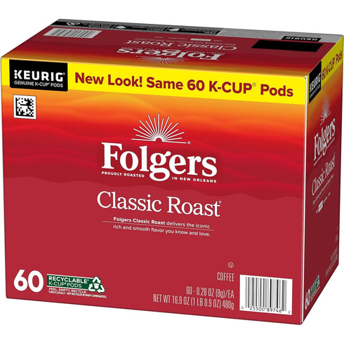 10 Count (Pack 6) Folgers Classic Roast Coffee, Medium Roast, Keurig K-Cup Pods, Box