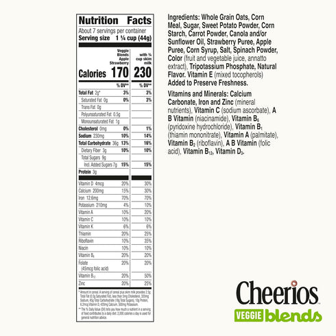 10.6 oz Cheerios Veggie Blends Breakfast Cereal, Apple Strawberry, Made with Fruits and Veggies