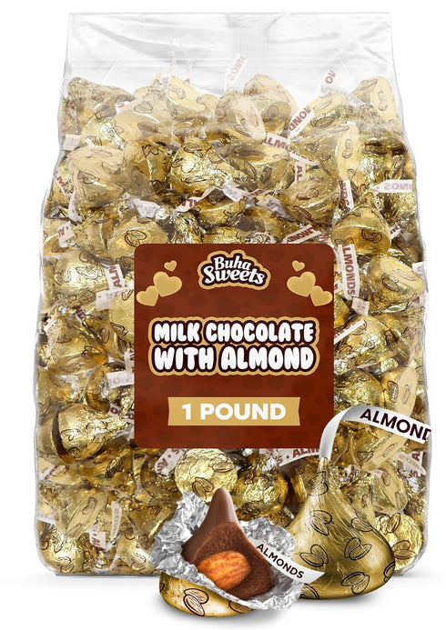 Buha Sweets Gold Foil Almond Milk Chocolate Kisses- St. Patricks Day Individually Wrapped Almond-Filled