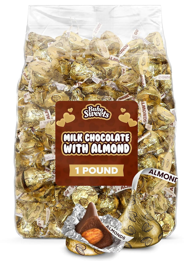 Buha Sweets Gold Foil Almond Milk Chocolate Kisses- St. Patricks Day Individually Wrapped Almond-Filled