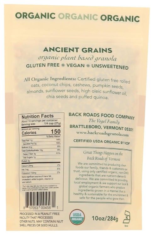 BACK ROADS 10 OZ Organic Ancient Grains Granola