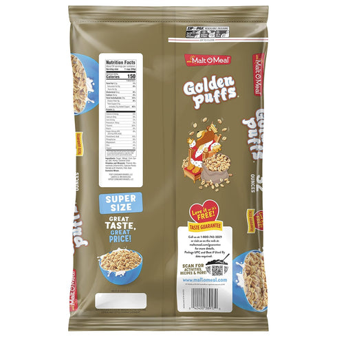 32 oz Malt-O-Meal Golden Puffs Sweetened Puffed Wheat Breakfast Cereal, Bulk Family Size, Resealable Bag