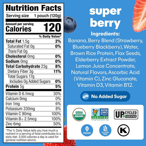 Immune 4.22 oz (Pack 24) Noka Superfood Fruit Smoothie Pouches with Support, Super Berry, Healthy Snacks with Vitamin