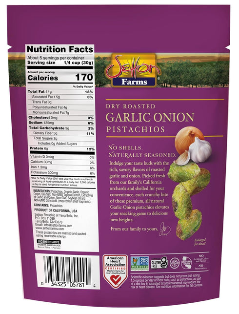 Setton 5 oz Farms Naturally Seasoned Pistachio Kernels, Garlic Onion, No Shell Pistachios, Certified Non-GMO, Gluten