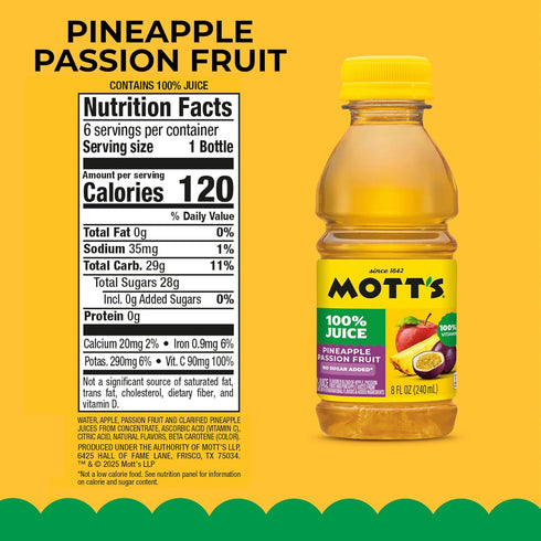 100% 8 oz 24 Count (4 Packs 6) Motts Pineapple Passion Fruit Juice Blend, fl bottles