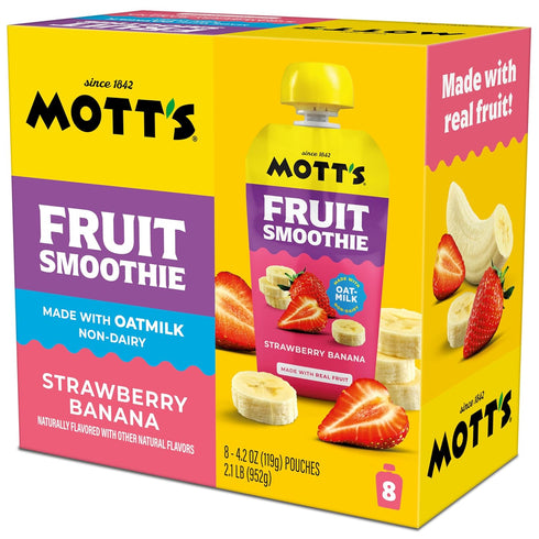 4.2 oz 8 Pack, Motts Fruit Smoothies Strawberry Banana, clear pouches, Non-dairy, Made With Oatmilk, Made With Real