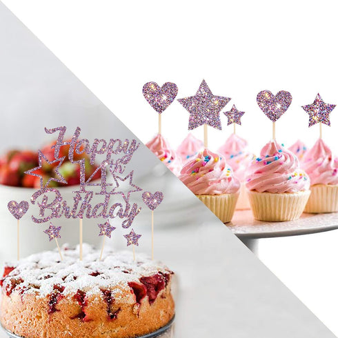 Purple Glitter Happy 14th Birthday Cake Topper with Cupcake Toppers for Boys or Girls (14th)