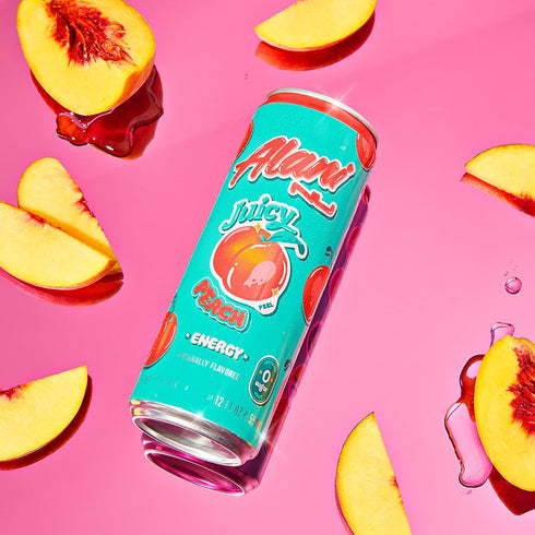 200mg 10 12 Oz 24 Pack Alani Nu JUICY PEACH, Sugar Free, Low Calorie Energy Drinks, Caffeine, Biotin, B Vitamins, Zero