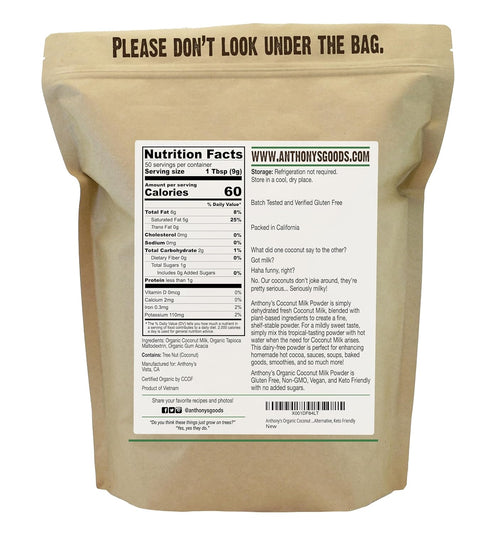 1 lb, Anthony's Organic Coconut Milk Powder, Gluten Free, Vegan & Dairy Free, Creamer Alternative, Keto Friendly