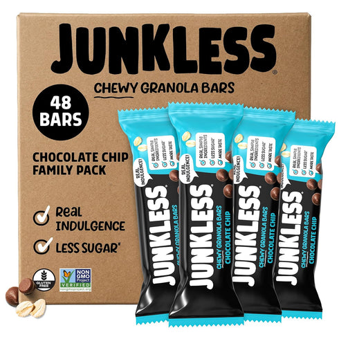 JUNKLESS Chewy Granola Bar 48 Bar Family Pack Chocolate Chip Less Sugar,