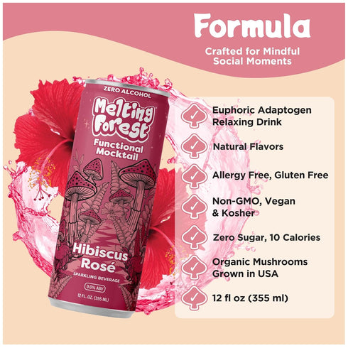 10 (4 Pack) Melting Forest Functional Mocktail Hibiscus Rose Alcohol-Free, Euphoric Adaptogen Drink with Reishi