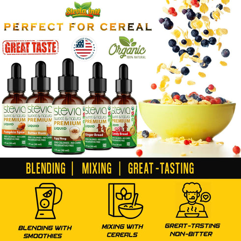 (Pack 5). 5 100% (1oz) Stevia Intl - Holiday & Seasonal Special of Premium Stevia Drops with Flavors in Glass Bottles.