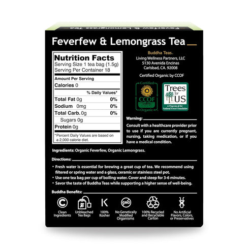 Buddha Teas - Feverfew & Lemongrass Organic Herbal Tea - Caffeine Free, 18 Tea Bags (Pack of 1)