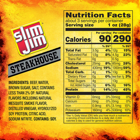 8g 3.15 oz. (1 Count) Slim Jim Smoked Steak Strips, Smokin' Mesquite Flavor, Protein Per Serving