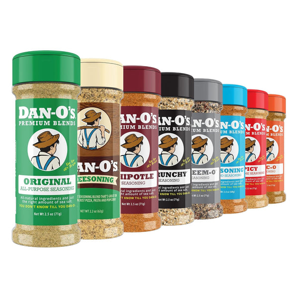 Dan-Os Seasoning Variety Pack 8 Bottle Set (Extra-Small Bottles) Original, Spicy, Chipotle,