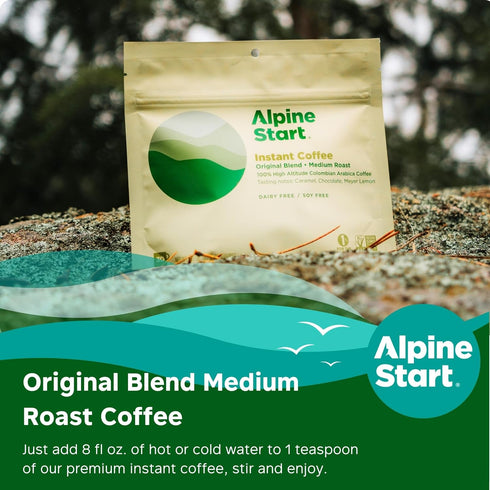 Alpine Start Instant Coffee Powder Mix, Medium Roast Original Blend, Hot or Cold Brew, 30 Servings