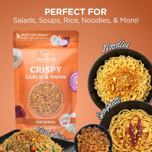 3.5 Oz., Homtiem Crispy Garlic & Onion : Original Spicy Medium Spice, Versatile Seasoning, All-Natural, Non-GMO, Vegan