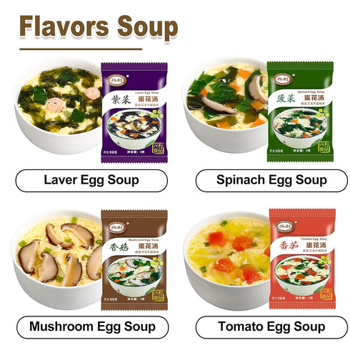 4 0.3 (20 Pack) Egg Flower Soup Mix, Vegetable Mix Soup with Flavors (Laver, Spinach, Mushroom, Tomato), Ounce