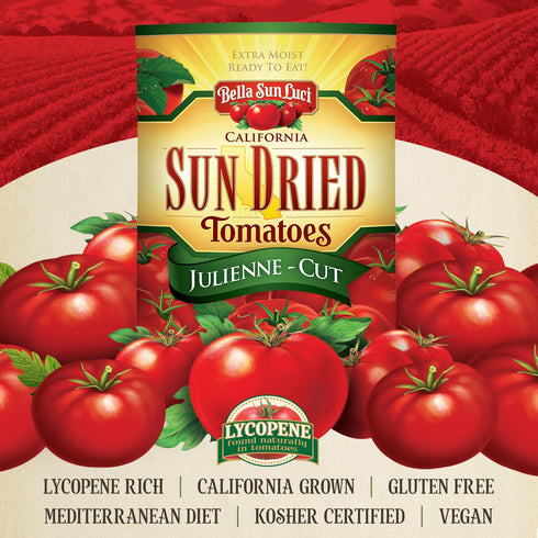 Bella Sun Luci Sun Dried Tomatoes Julienne Cut, Mediterranean Style Sun-Ripened Tomatoes, Kosher, Vegan, Gluten-Free