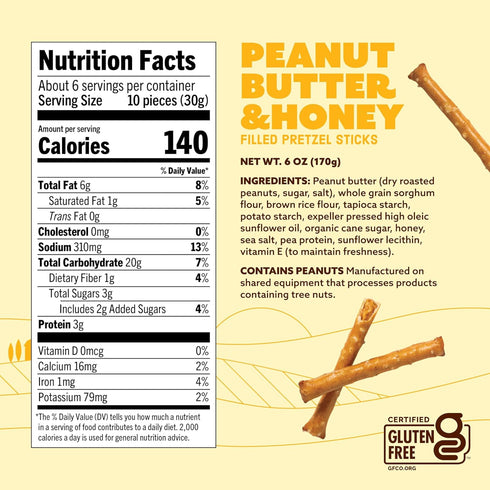 6 oz (Pack 1) Quinn Snacks Peanut Butter & Honey Filled Pretzel Sticks - Gluten Free Snack, Sweet & Salty, Made