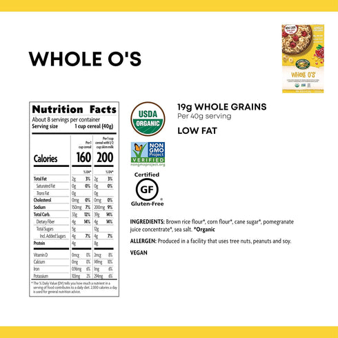 11.5 Oz. (Pack 6), 19g Nature's Path Organic Gluten Free Whole O's Cereal, of Non-GMO, Whole Grains, Low Fat