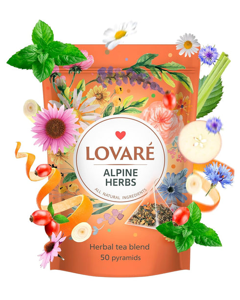 LOVARE Alpine Herbs Tea Pouch - Pyramid Tea Bags 50 Pack x 2 g - Made in Ukraine - Doypack with Lemongrass, Chamomile Flowers, Rose Hips, Orange, Blackberry, and More - Flavored Tea Pyramid Bags