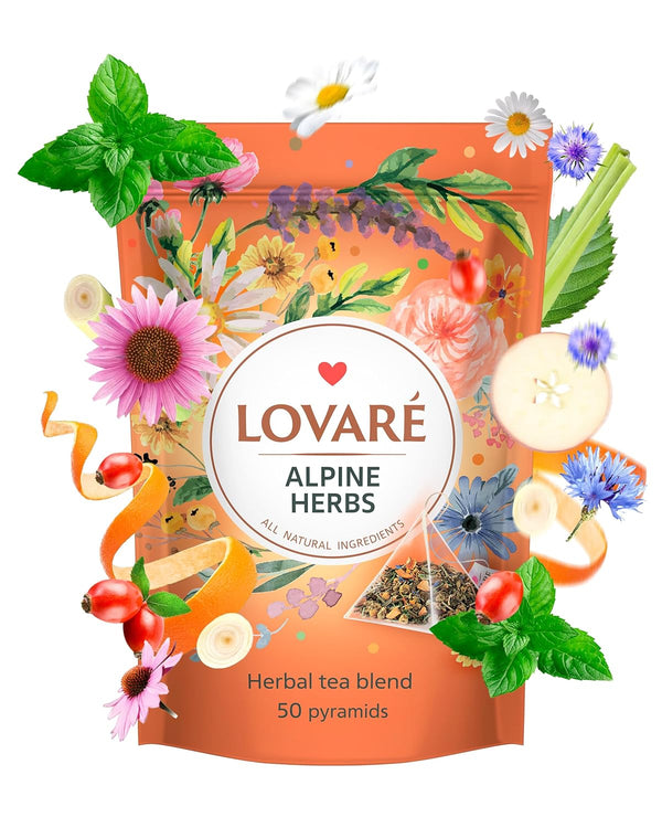 LOVARE Alpine Herbs Tea Pouch - Pyramid Tea Bags 50 Pack x 2 g - Made in Ukraine - Doypack with Lemongrass, Chamomile Flowers, Rose Hips, Orange, Blackberry, and More - Flavored Tea Pyramid Bags