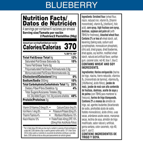 10.15lb (96 Count) Pop-Tarts Toaster Pastries, Breakfast Food and Kids Snacks, Unfrosted Blueberry, Case