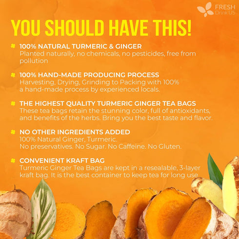 210 100% FreshDrinkUS, Premium Ginger Turmeric Tea Bags, Natural Ingredients, Hand-made Blend of Ginger and Turmeric