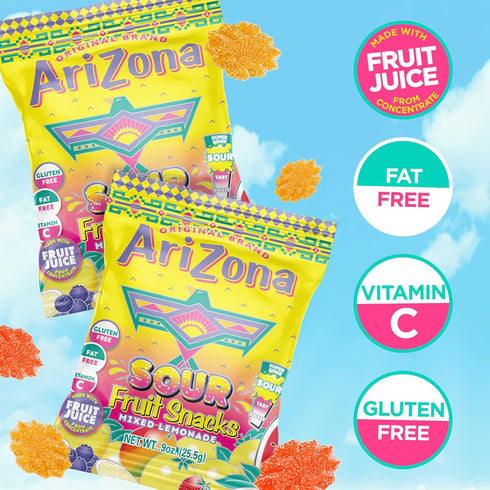 10 10 0.9oz 100 0.9oz Gummy AriZona Fruit Snacks, Sour Lemonade - Boxes of ct. Bags (Total ct. Bags) - Gluten Free