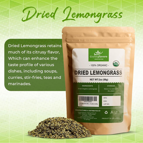 Organic Premium Grade Dried Lemongrass Cut, 2 oz/56g, Harvested from Organic Farm in Sri Lanka