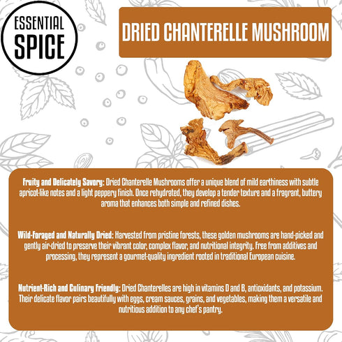 (8 oz) Essential Spice Dried Chanterelle Mushrooms Whole, Golden & Earthy Flavor Gourmet Quality for Sauces, Risottos