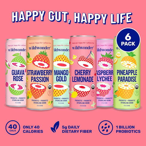 6pk, Immune Pack, 5g 6 Pack, 12oz wildwonder Sparkling Probiotic Drink For Gut Health & Support, Classic Variety