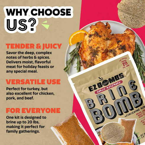 Pack 1 20 lbs EZ Bombs Garlic Rosemary Brine Bomb Seasoning with Finishing Rub, of All-in-One Turkey Brine Kit