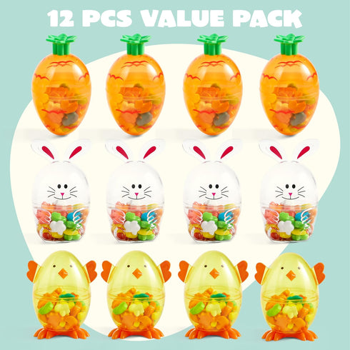 12pcs SYNCFUN Easter Candy Filled Eggs Shell Carrot, Chick and Bunny Shaped, Includes Duck, Chick and Bunny Shaped