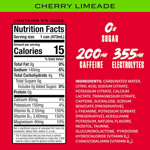 200mg 355mg Free,16 12 Pack PRIME Energy CHERRY LIMEADE, Zero Sugar Energy Drink, Caffeine and of Electrolytes