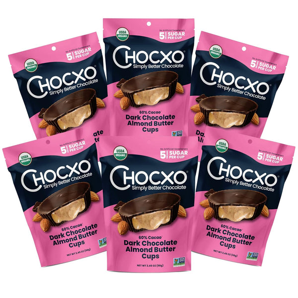 Chocxo Dark Chocolate Almond Butter Cups - Lower Sugar, Organic, NonGMO, Keto,